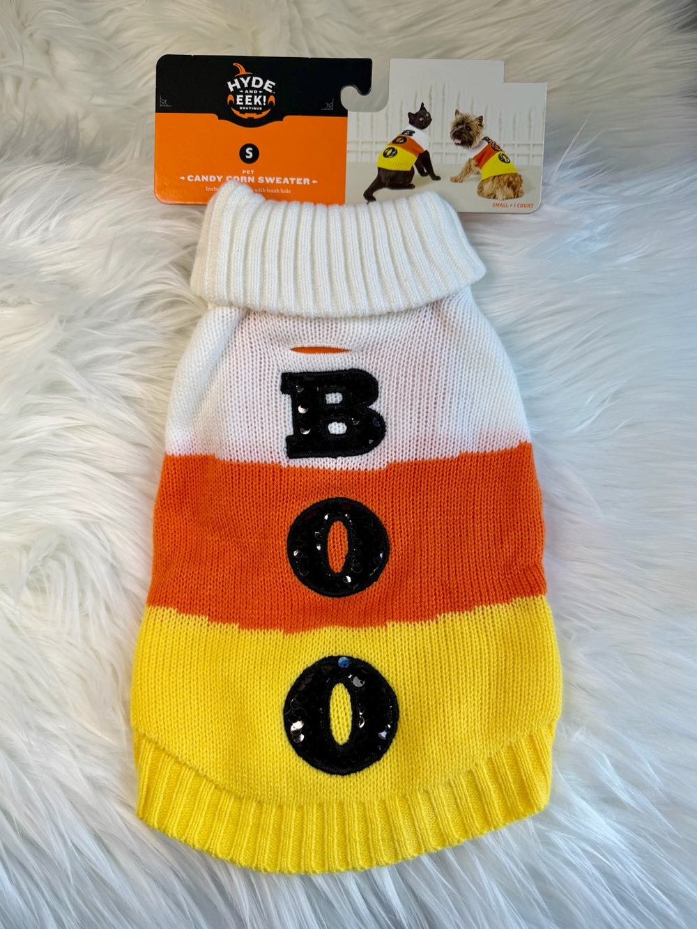 Candy Corn 'BOO' Black Sequins Knit Dog Sweater - Small